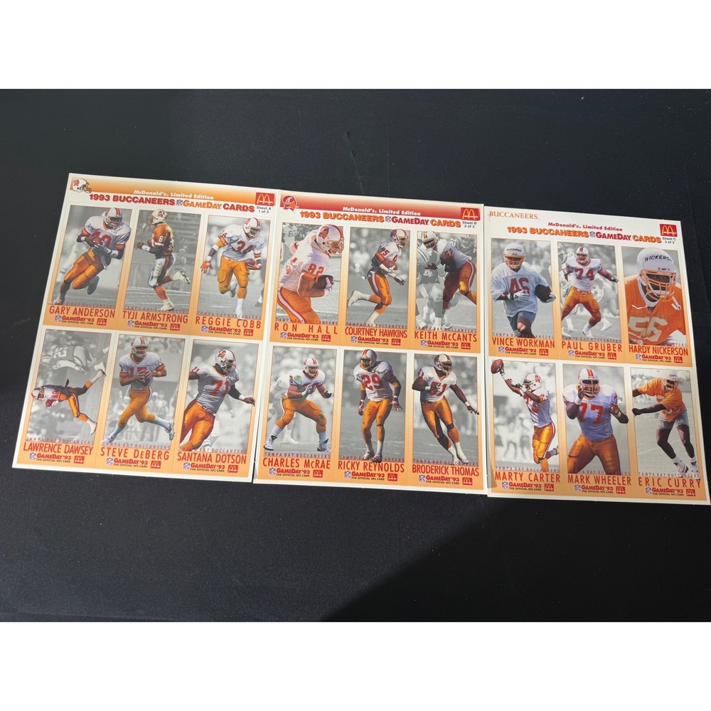 McDonalds 1993 Buccaneers‎ GameDay Cards Set 3 Sheets Orange Vintage NFL